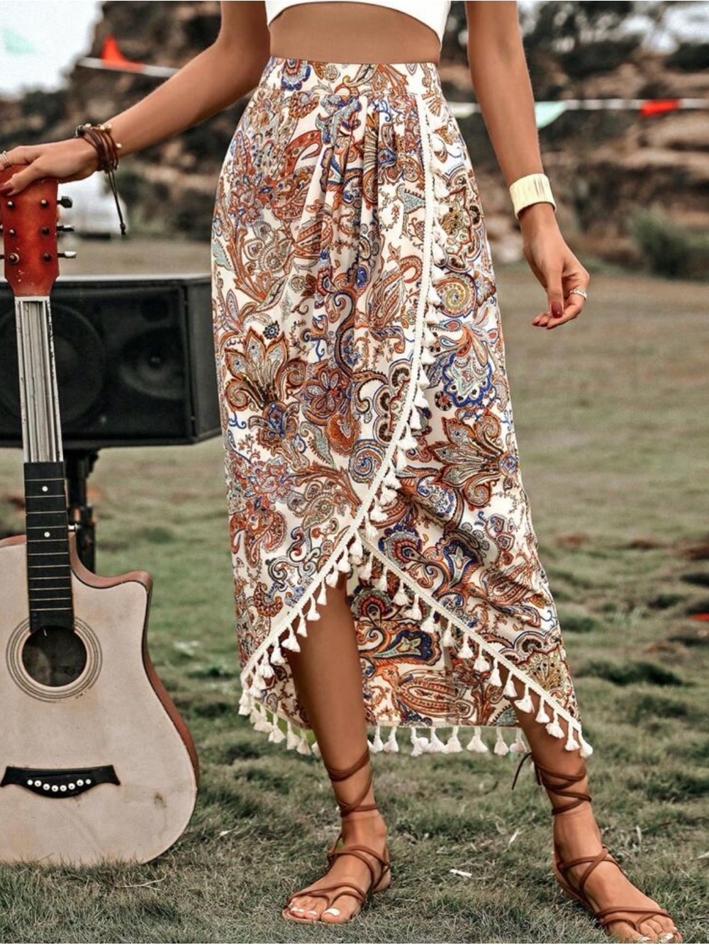 Boho Paisley Tassel Wrap Maxi Skirt - Cream, Brown & Blue